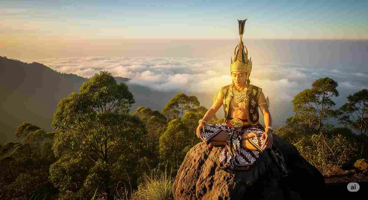 Ilustrasi Arjuna sedang bertapa di puncak Gunung Arjuna, duduk bersila dengan pakaian khas pewayangan Jawa di tengah panorama pegunungan Jawa Timur.