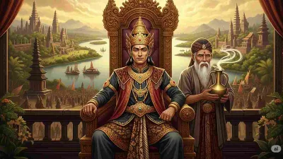 Ilustrasi Prabu Airlangga bersama Mpu Bharada membagi Kerajaan Medang dengan Sungai Brantas, asal usul Kediri dalam cerita rakyat Jawa Timur.