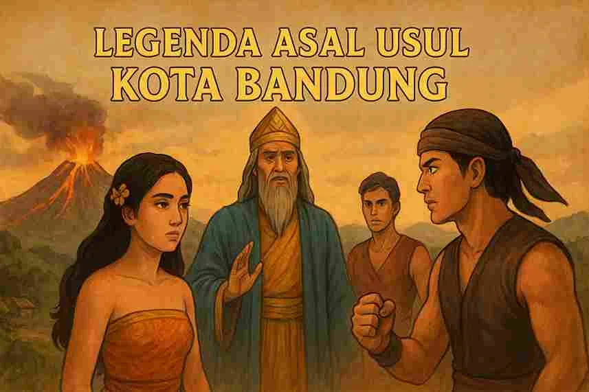 Ilustrasi legenda asal usul Kota Bandung, menampilkan Mpu Wisesa, Sekar, Wira, dan Jaka dengan latar Gunung Tangkuban Perahu meletus.