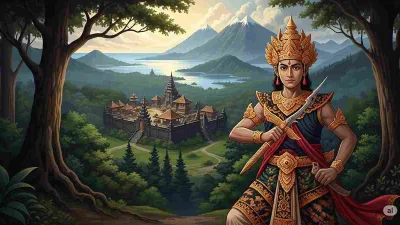 Ilustrasi Ki Barak Panji Sakti atau I Gede Pasekan memegang keris pusaka dengan latar istana Singaraja dan pegunungan Bali Utara.