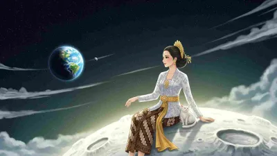 Ilustrasi legenda Sang Penunggu Bulan dari Jawa Barat, gadis Anteh duduk di permukaan bulan bersama kucing putihnya sambil menatap bumi.