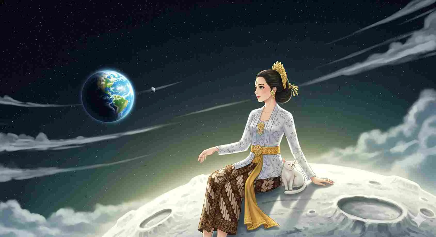 Ilustrasi legenda Sang Penunggu Bulan dari Jawa Barat, gadis Anteh duduk di permukaan bulan bersama kucing putihnya sambil menatap bumi.