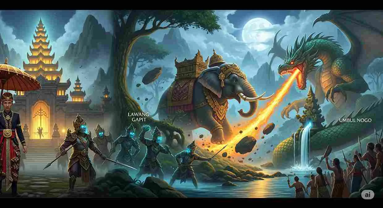 Ilustrasi legenda Umbul Nogo dari Jawa Tengah, menampilkan Joko Lelono di depan istana gaib, prajurit lelembut menjaga Lawang Gapit, serta pertarungan epik gajah melawan naga raksasa di tepi mata air keramat Umbul Nogo.