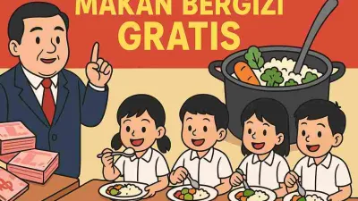 Ilustrasi karikatur program Makan Bergizi Gratis, Presiden menjelaskan kebijakan sambil anak-anak sekolah makan bersama dengan menu bergizi.