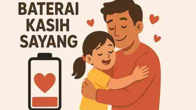 Ilustrasi ayah memeluk anak dengan simbol baterai kasih sayang penuh