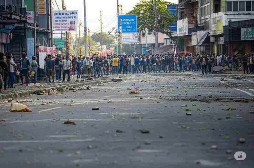Massa demonstrasi memenuhi jalan depan gedung DPR RI pada 25 Agustus 2025, dengan sisa kericuhan dan batu berserakan di jalan.