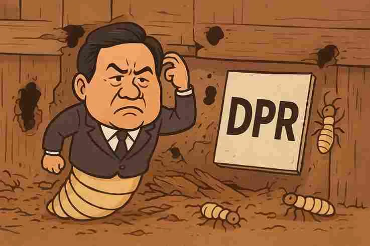 Karikatur politik anggota DPR digambarkan sebagai rayap yang menggerogoti kayu, melambangkan perilaku merusak negara.