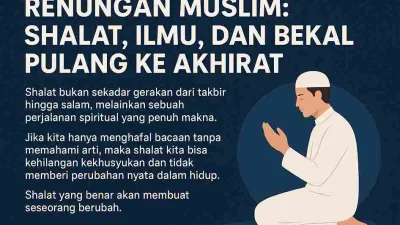 Ilustrasi muslim sedang berdoa dalam shalat, visual renungan tentang shalat, ilmu, dan bekal pulang ke akhirat.