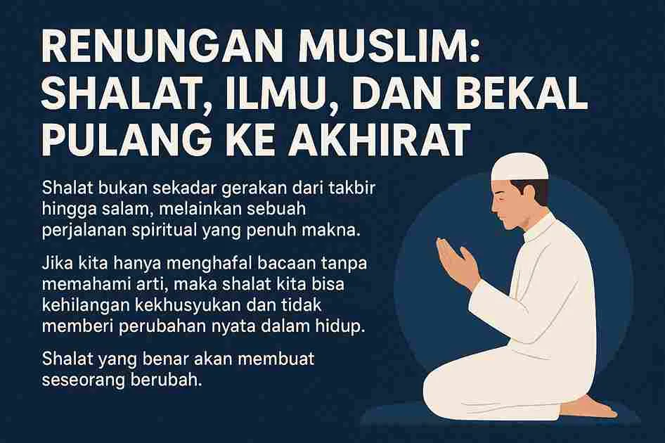Ilustrasi muslim sedang berdoa dalam shalat, visual renungan tentang shalat, ilmu, dan bekal pulang ke akhirat.