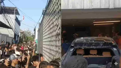 Kerumunan massa di Tanjung Priok dan mobil mewah rusak di garasi rumah anggota DPR RI Ahmad Sahroni usai penjarahan.