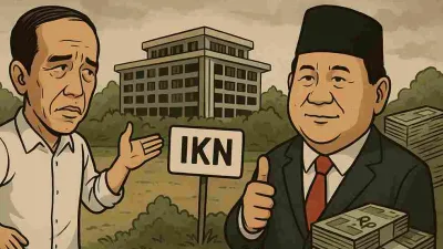 Karikatur Jokowi dan Prabowo di depan bangunan IKN mangkrak, menggambarkan kontroversi proyek ibu kota baru yang membebani anggaran negara.
