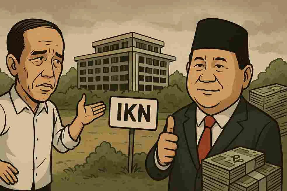 Karikatur Jokowi dan Prabowo di depan bangunan IKN mangkrak, menggambarkan kontroversi proyek ibu kota baru yang membebani anggaran negara.