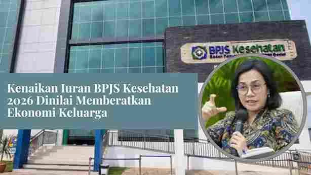 Gedung kantor BPJS Kesehatan dengan inset foto Menteri Keuangan Sri Mulyani membahas rencana kenaikan iuran tahun 2026.