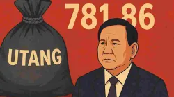 Ilustrasi Presiden Prabowo Subianto dengan latar karung bertuliskan "Utang" dan angka Rp781,86 triliun, menggambarkan beban utang Indonesia 2026.