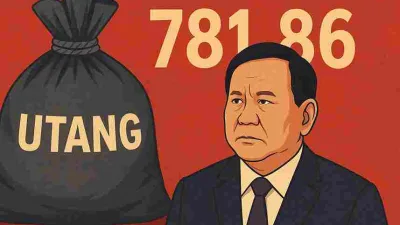 Ilustrasi Presiden Prabowo Subianto dengan latar karung bertuliskan "Utang" dan angka Rp781,86 triliun, menggambarkan beban utang Indonesia 2026.