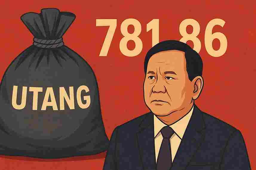 Ilustrasi Presiden Prabowo Subianto dengan latar karung bertuliskan "Utang" dan angka Rp781,86 triliun, menggambarkan beban utang Indonesia 2026.
