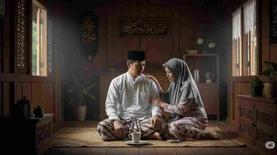 An Indonesian Muslim couple sitting calmly in a traditional wooden house, the wife gently comforting her husband, symbolizing patience and wisdom in facing trials.
