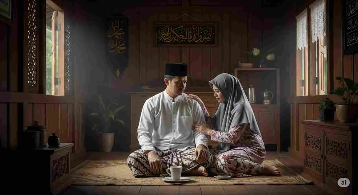 An Indonesian Muslim couple sitting calmly in a traditional wooden house, the wife gently comforting her husband, symbolizing patience and wisdom in facing trials.