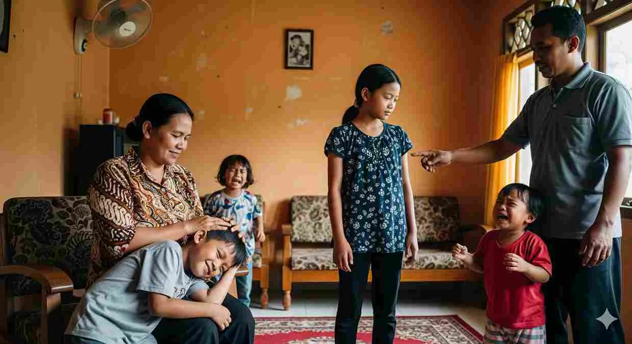 Keluarga Indonesia di ruang tamu, orang tua menegur anak di depan umum sementara anak-anak lain menunjukkan emosi berbeda.