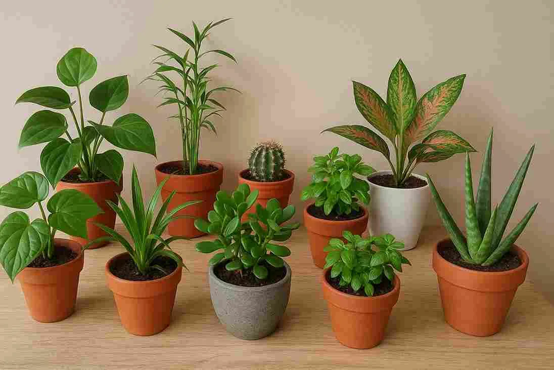 Sepuluh tanaman hias pembawa keberuntungan dalam pot, ditata rapi di atas meja kayu.