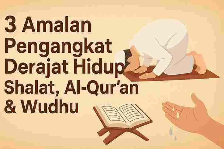 Ilustrasi amalan pengangkat derajat hidup: shalat, membaca Al-Qur’an, dan menjaga wudhu.
