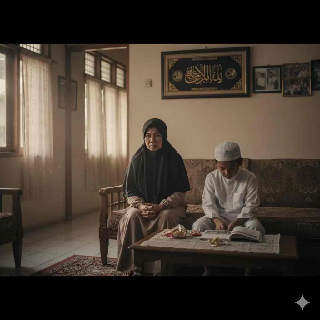 Seorang ibu berhijab duduk bersama anak laki-lakinya yang sedang membaca Al-Qur’an di ruang tamu rumah sederhana khas keluarga Muslim Indonesia.