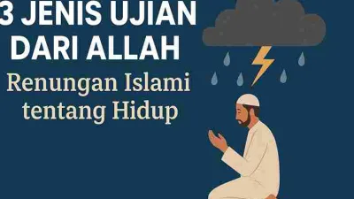 Ilustrasi seorang muslim berdoa di bawah awan gelap dengan petir dan hujan, melambangkan ujian hidup dari Allah.