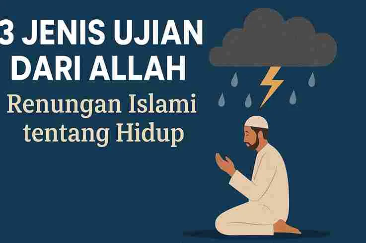 Ilustrasi seorang muslim berdoa di bawah awan gelap dengan petir dan hujan, melambangkan ujian hidup dari Allah.