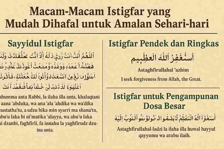 Ilustrasi bacaan istigfar lengkap dengan lafadz Arab, transliterasi, dan artinya dalam bahasa Indonesia.