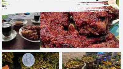 Foto kolase wisata kuliner Kaliurang Jogja, mulai dari kopi klotok, ayam pedas Artomoro, hingga suasana resto estetik di kawasan Kaliurang.