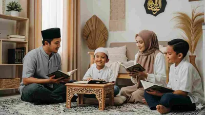 Keluarga Muslim Indonesia sedang membaca dan menghafal Al-Qur’an bersama di ruang keluarga dengan suasana hangat.