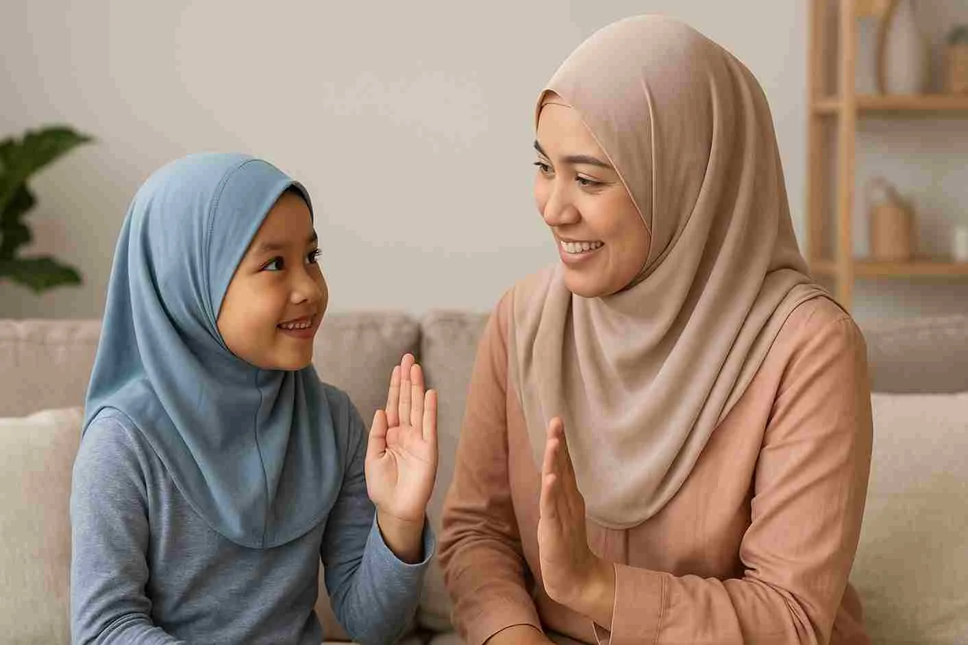 Ibu muslimah Indonesia tersenyum hangat sambil bercengkerama dengan anak perempuannya, mengajarkan semangat berpikir positif.