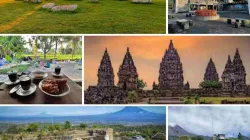 Kolase 7 tempat wisata populer di Sleman Yogyakarta, termasuk Stonehenge Merapi, The Lost World Castle, Bukit Klangon, Warung Kopi Klotok, Tebing Breksi, dan Candi Prambanan.