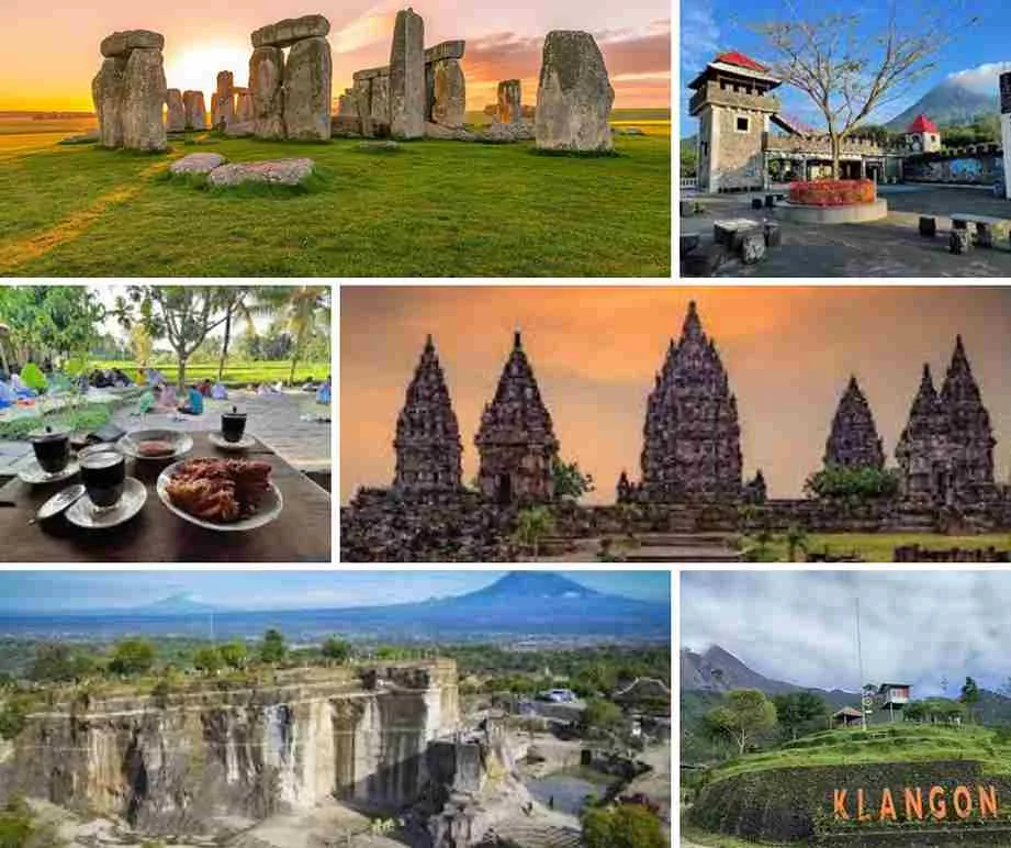 Kolase 7 tempat wisata populer di Sleman Yogyakarta, termasuk Stonehenge Merapi, The Lost World Castle, Bukit Klangon, Warung Kopi Klotok, Tebing Breksi, dan Candi Prambanan.