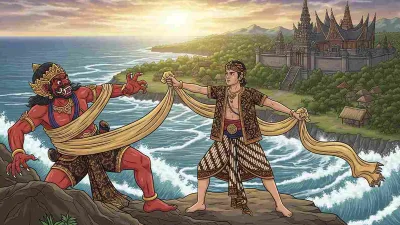 Ilustrasi Aji Saka melawan Prabu Dewata Cengkar dengan kain pusaka di tepi laut, kisah asal usul Aksara Jawa dari Jawa Tengah.