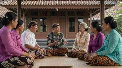 Kumpulan orang Jawa tempo dulu duduk di pendopo, mengenakan pakaian adat, mendengarkan nasihat sesepuh.
