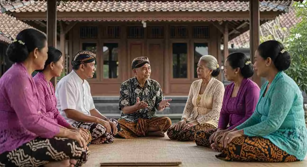 Kumpulan orang Jawa tempo dulu duduk di pendopo, mengenakan pakaian adat, mendengarkan nasihat sesepuh.