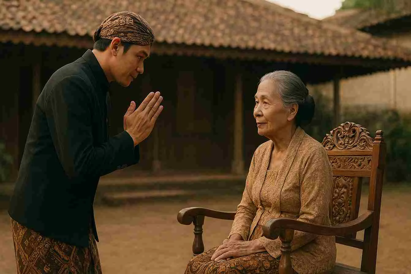 Seorang pria Jawa memberi salam hormat dengan sikap sembah kepada seorang wanita sepuh yang duduk di kursi ukir tradisional di depan rumah joglo.