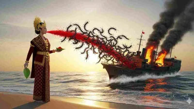 Ilustrasi 3D Putri Aji Berdarah Putih menyemburkan sepah sirih yang berubah menjadi ribuan lipan ganas menyerang kapal Cina di lautan.
