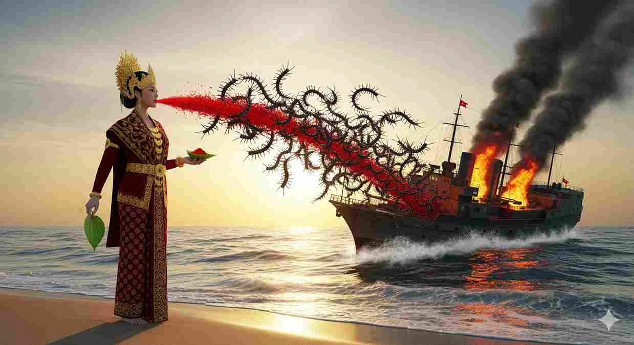 Ilustrasi 3D Putri Aji Berdarah Putih menyemburkan sepah sirih yang berubah menjadi ribuan lipan ganas menyerang kapal Cina di lautan.