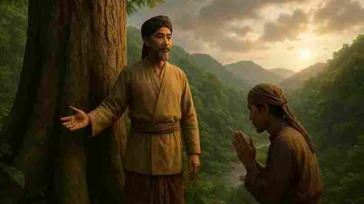 Ilustrasi 3D Sunan Giri dan Ki Donosari di hutan jati Wonogiri dengan latar perbukitan dan Sungai Keduang.