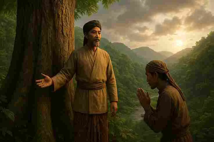 Ilustrasi 3D Sunan Giri dan Ki Donosari di hutan jati Wonogiri dengan latar perbukitan dan Sungai Keduang.