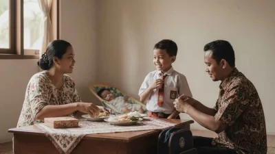 Keluarga Indonesia sedang sarapan bersama, ayah membantu anak memakai seragam sekolah, ibu menyiapkan makanan dengan penuh kasih.