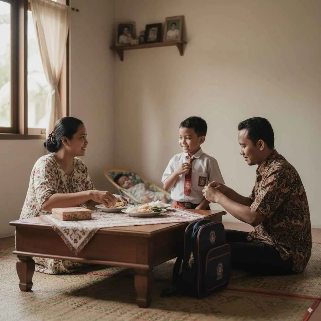 Keluarga Indonesia sedang sarapan bersama, ayah membantu anak memakai seragam sekolah, ibu menyiapkan makanan dengan penuh kasih.