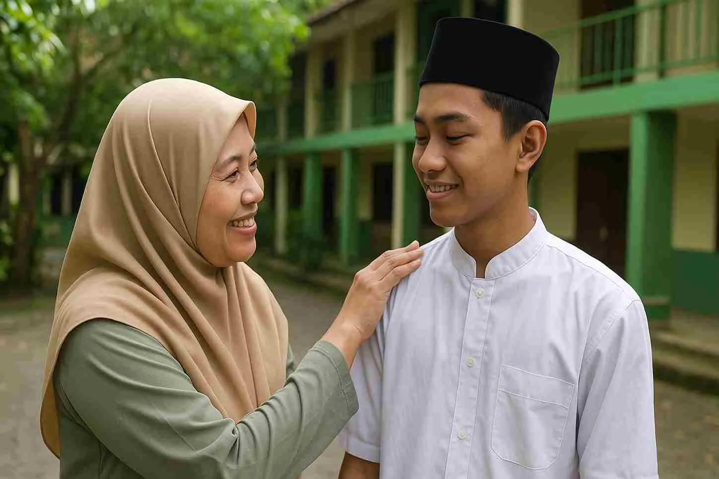 Seorang ibu Muslim Indonesia tersenyum hangat sambil menyentuh bahu putranya yang mengenakan baju koko putih dan peci hitam di lingkungan pesantren.