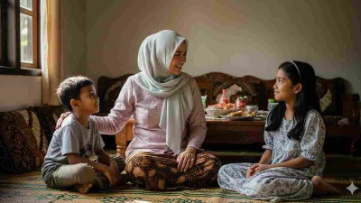 Ibu muslimah berhijab mendidik anak laki-laki dan perempuan dengan penuh kelembutan di rumah sederhana.