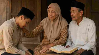 Seorang anak muda Indonesia menundukkan kepala dengan penuh hormat di hadapan orang tua lanjut usia, sambil membaca Al-Qur’an bersama di teras rumah kayu.