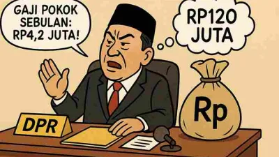 Karikatur anggota DPR mengaku gaji pokok hanya Rp4,2 juta, namun memikirkan tunjangan total hingga Rp120 juta per bulan.
