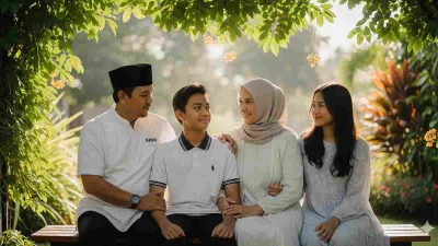 Keluarga Muslim Indonesia duduk bersama dengan hangat di taman, menggambarkan keharmonisan dan kasih sayang orang tua kepada anak.