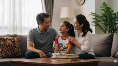 Keluarga sedang berbicara hangat dengan anak perempuan di ruang tamu